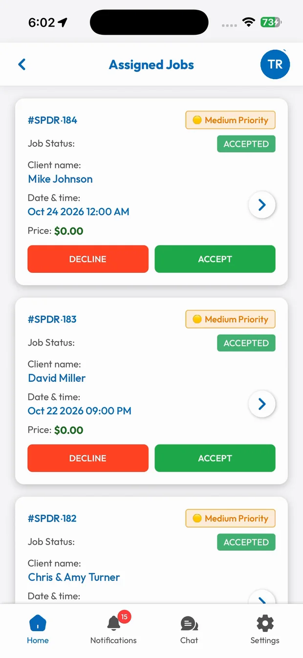 Assigned jobs in the employee app