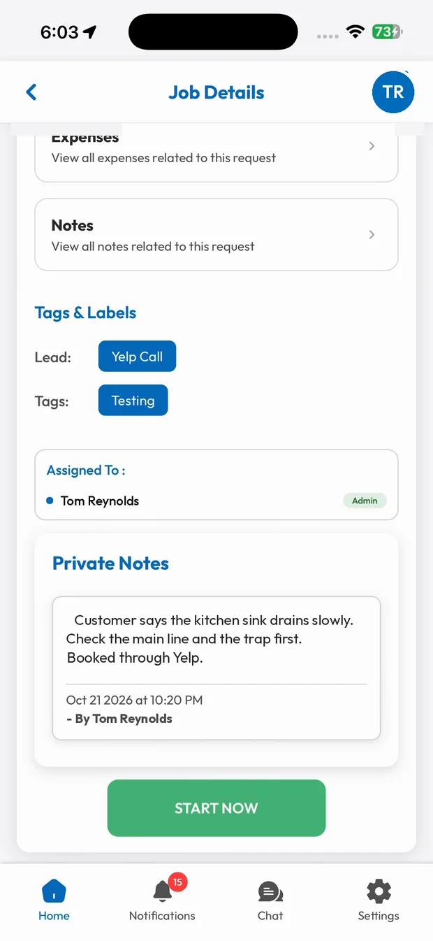 Job details in the employee app