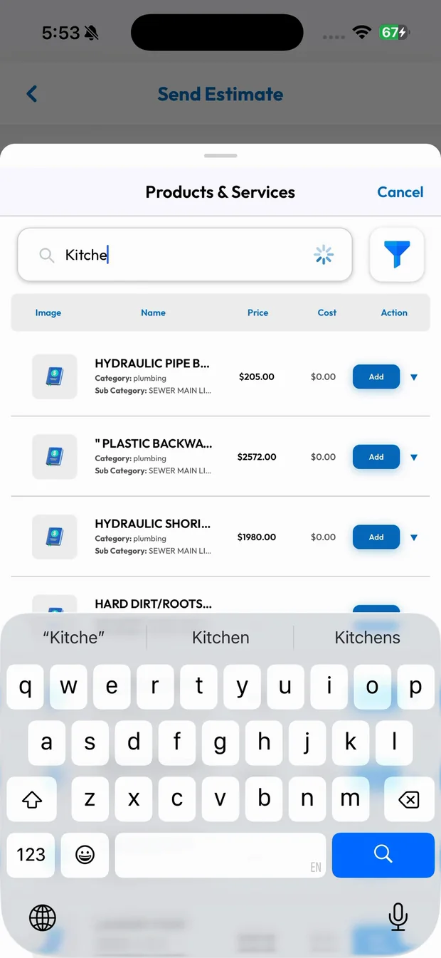 Price book search inside the estimate