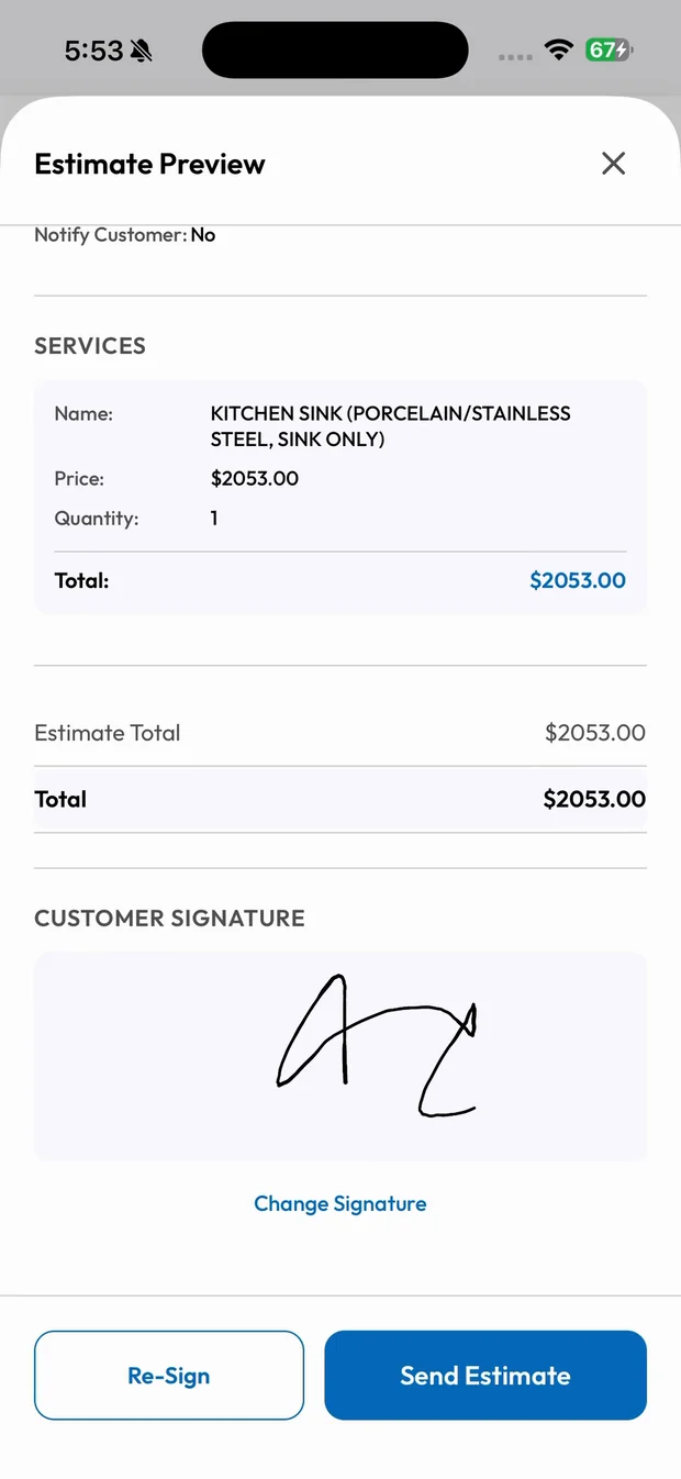 Customer signature on the estimate