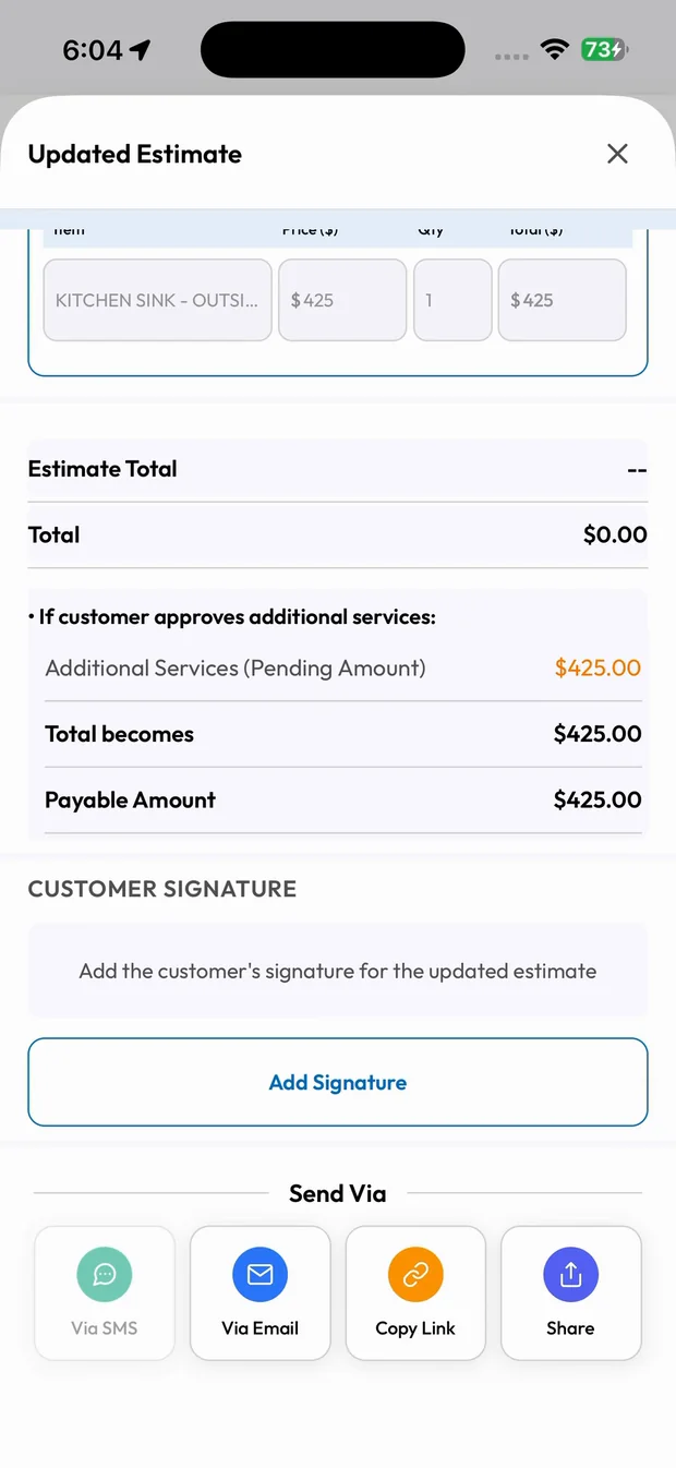 Updated estimate sent for signature